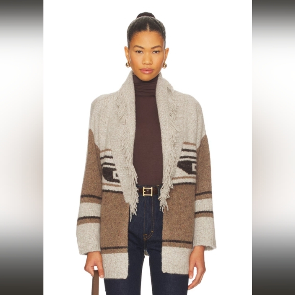 NWT Autumn Cashmere Southwest Fringe Brownie/Neutral Long Cardigan Size Small